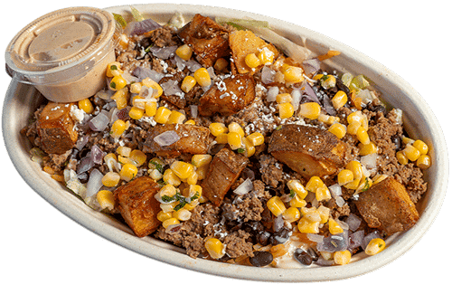 Potato steak corn onion and bean bowl
