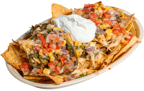 loaded nachos with corn salsa cheese and sour cream