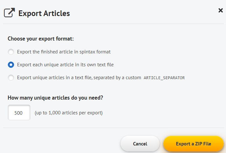 Export articles Spin Rewriter.