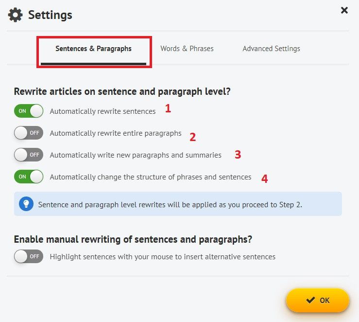 Spin Rewriter sentences and pararaphs settings.