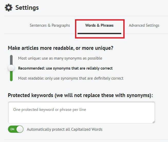 Spin Rewriter words and phrases options.