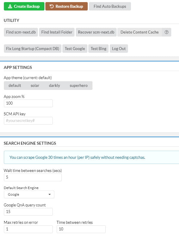 SCM setting options.