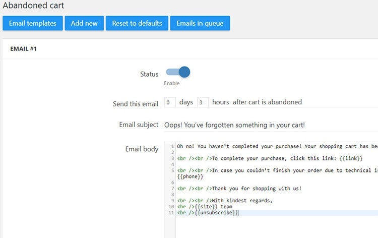 alidropship abandoned cart settings