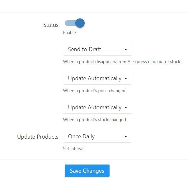 alidropship auto updates settings