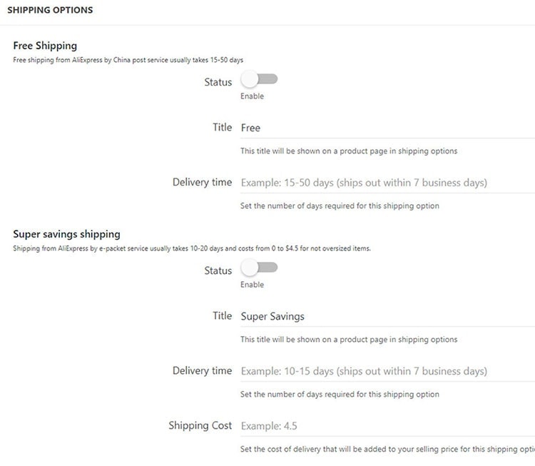 alidropship shipping settings