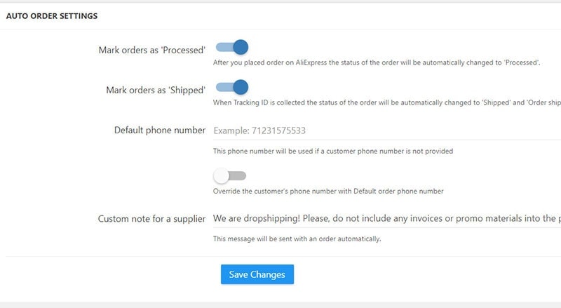 auto order settings alidropship plugin