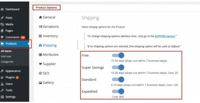 particular product shipping settings alidropship