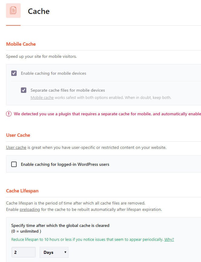 wp rocket basic cache options