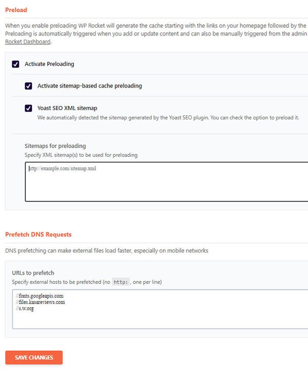wp rocket preloading feature