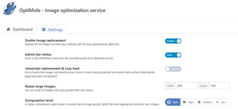 optimole image optimization settings