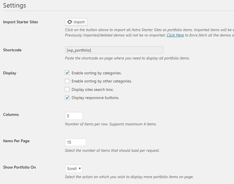 wp portfolio settings