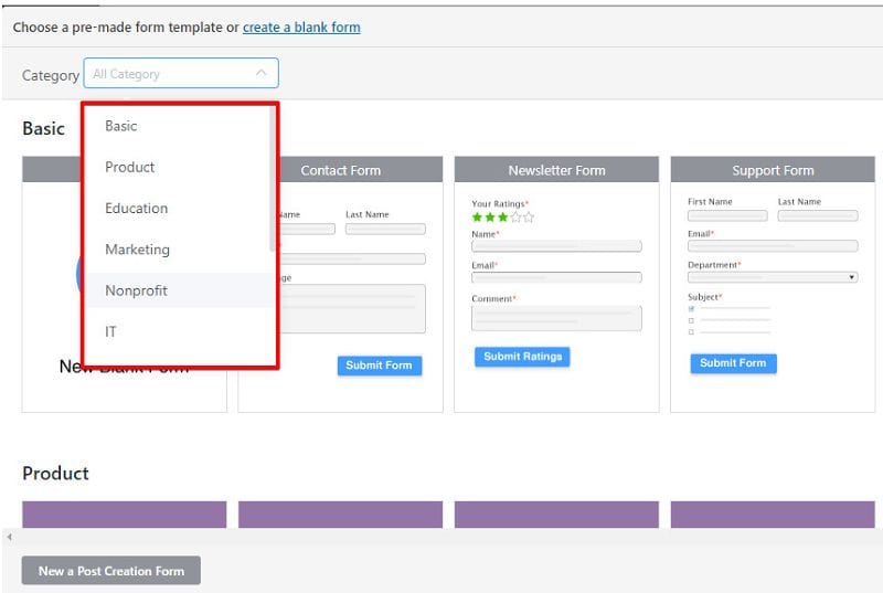 WP Fluent Form pre-built templates.