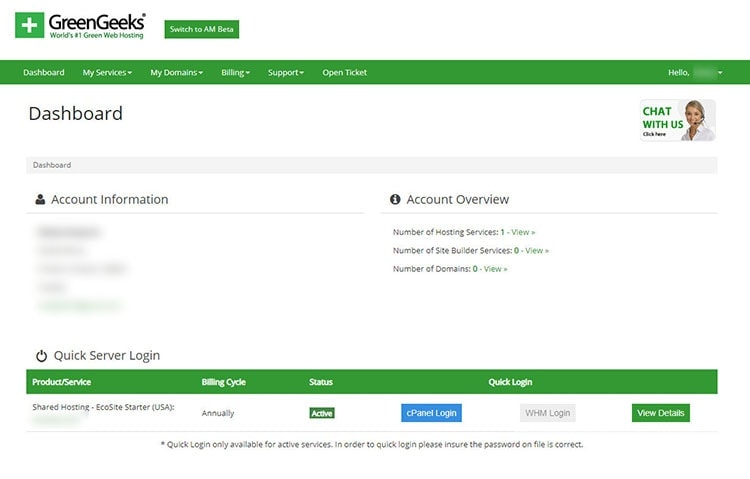 green geeks account dashboard