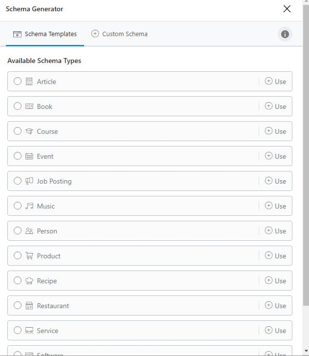 Rank Math schema options.