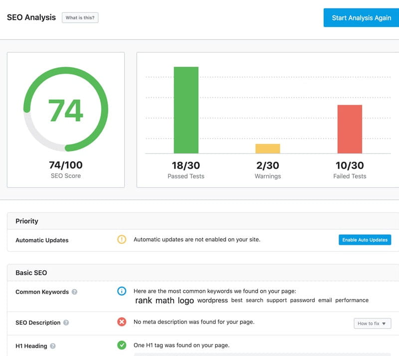 Rank Math SEO analysis feature.