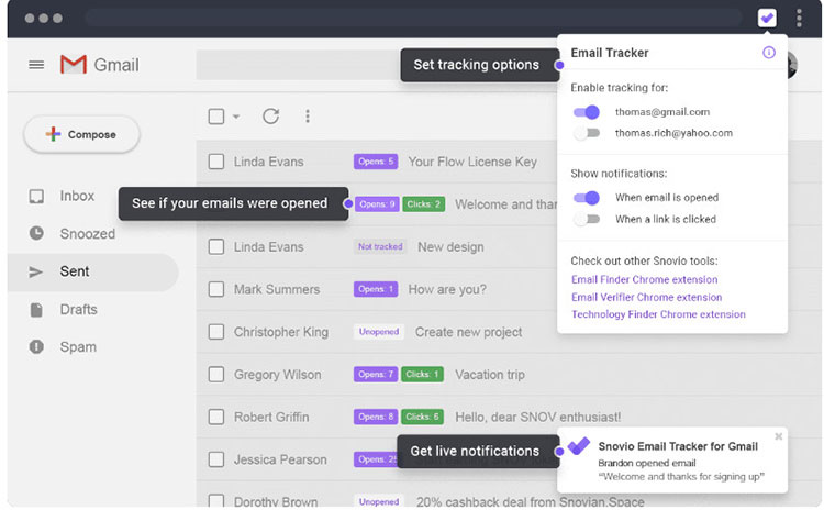 tracking emails statistics snovio