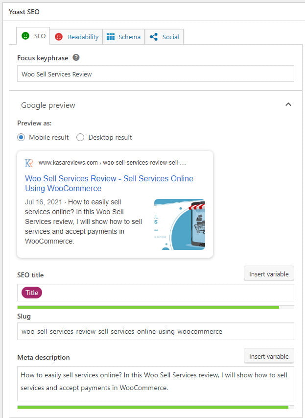 Yoast SEO content analysis.