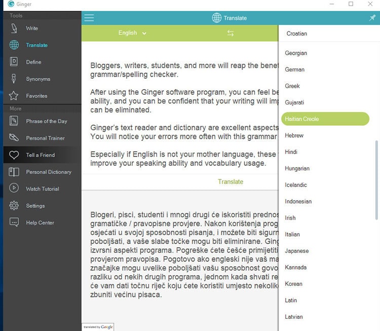 Translator feature in Ginger Software