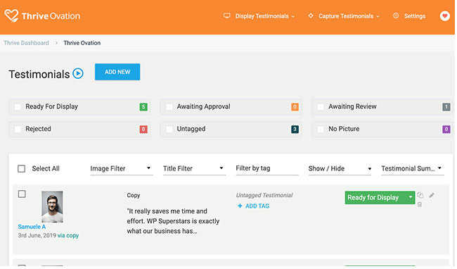 thrive ovation dashboard testimonial management