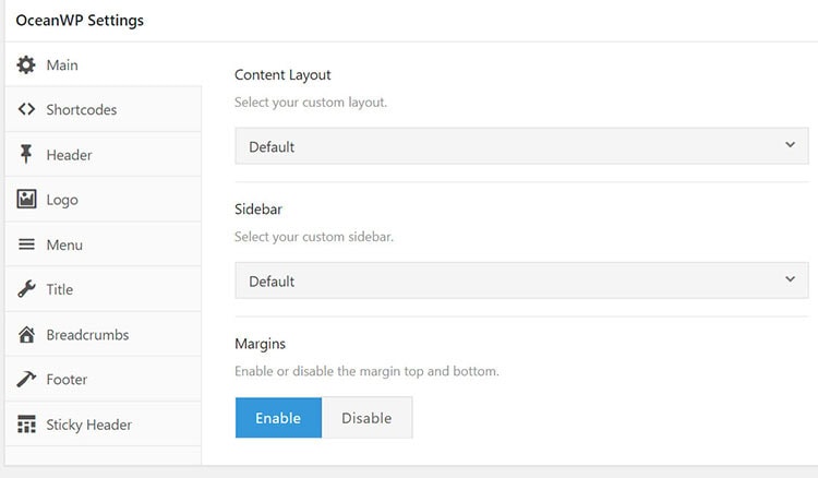 theme settings oceanwp