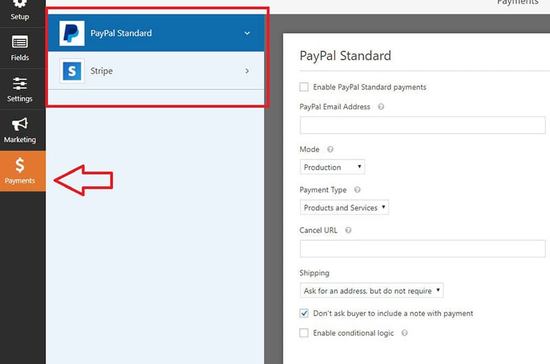 enable payment gateways wordpress form plugin