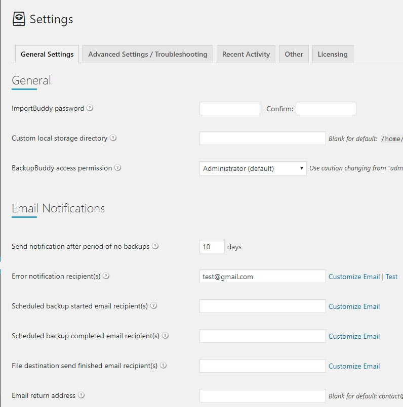 backupbuddy general settings