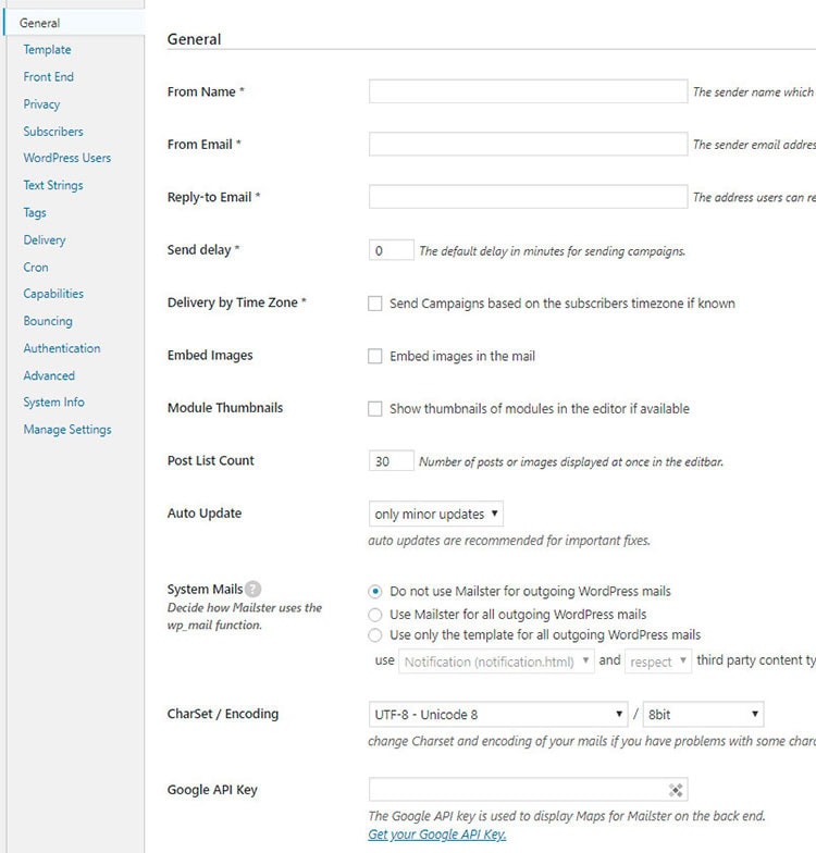 mailster general settings