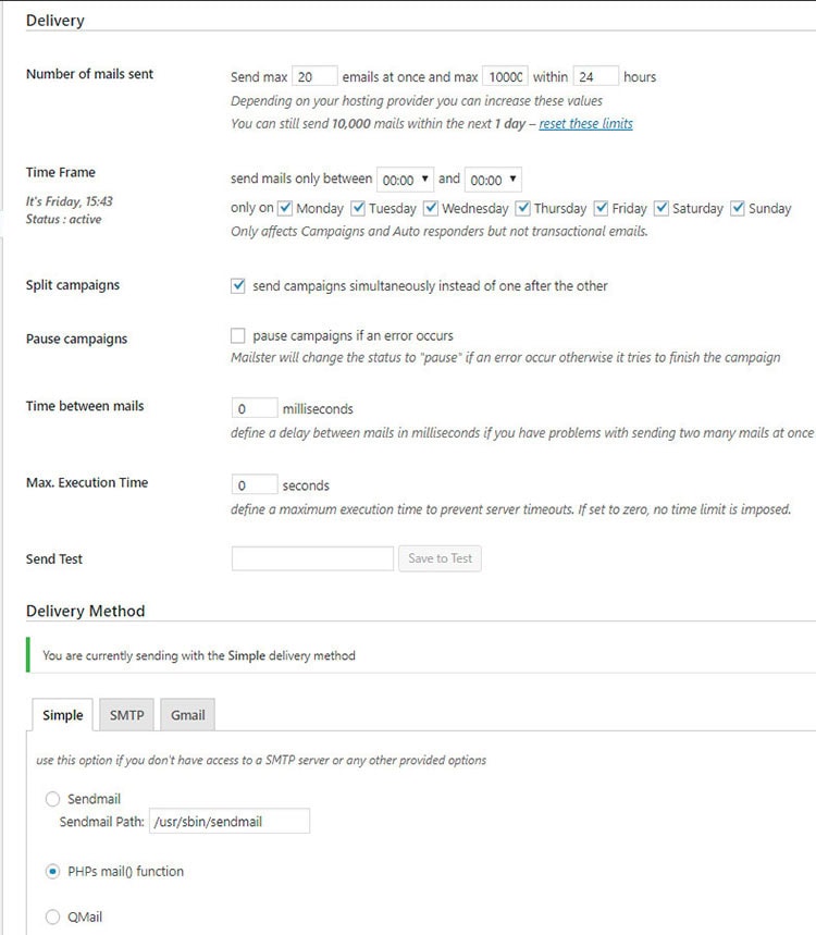 mailster plugin delivery settings