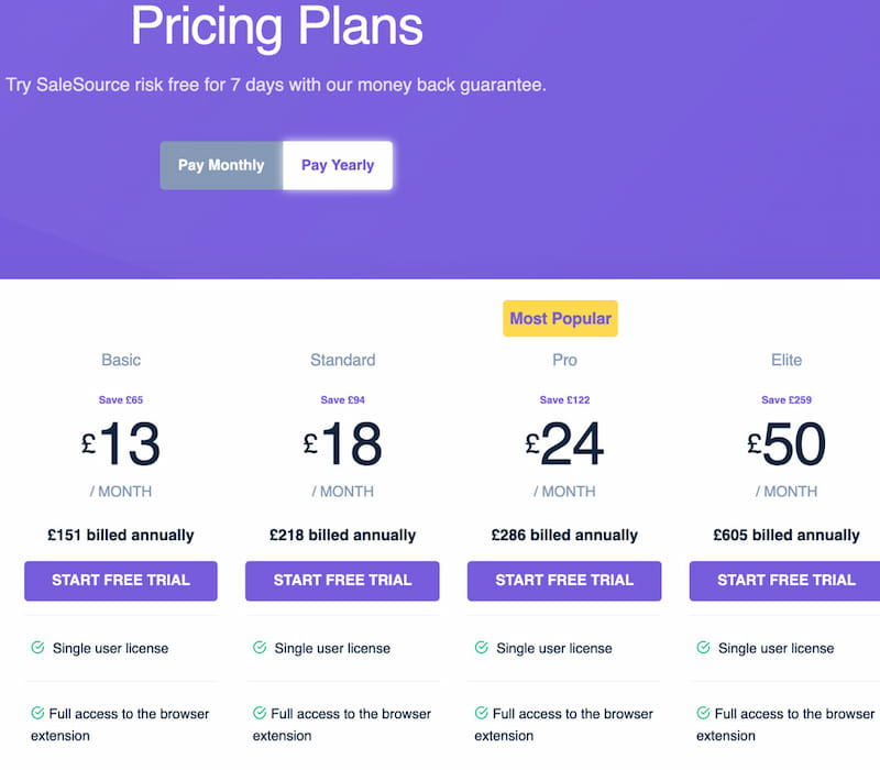 SaleSource paid pricing plans.