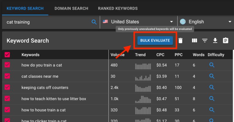 Keyword Revealer Bulk Keyword Difficulty Evaluation feature.