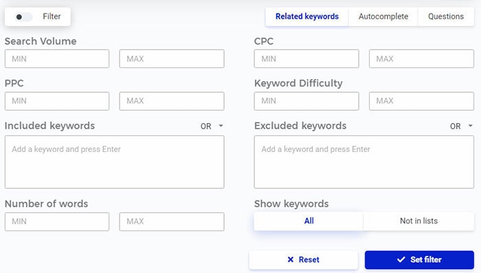 filter search results kwfinder