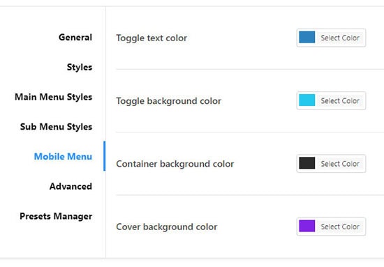 jetmenu mobile menu settings