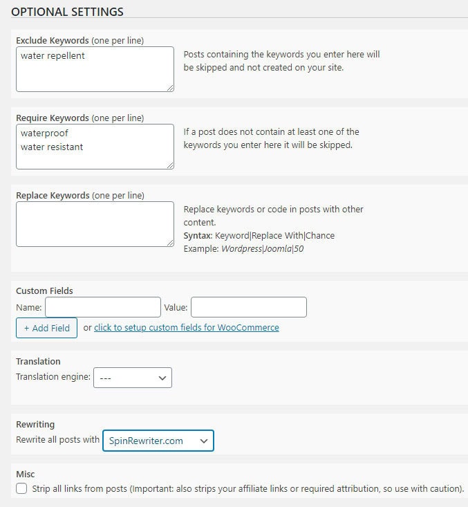 wp robot optional settings