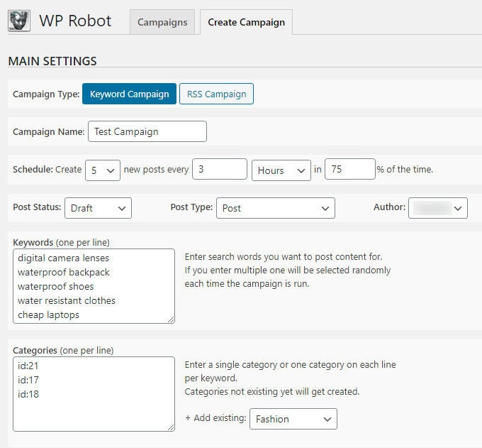 campaign main settings
