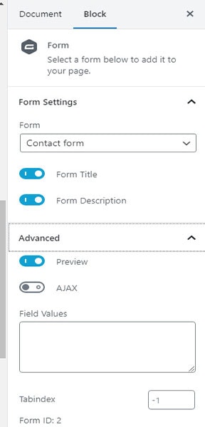 gravity forms advanced block settings
