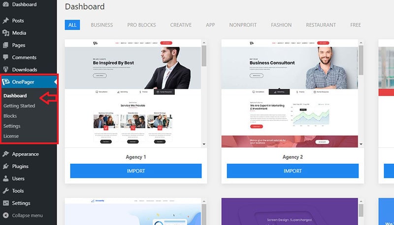 wponepager templates