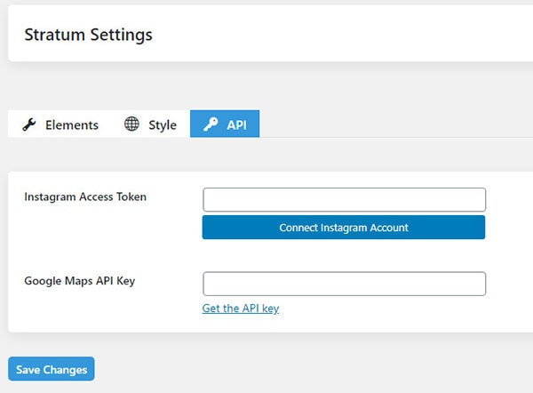 Stratum settings tab is divided into elements, style, and api sections.