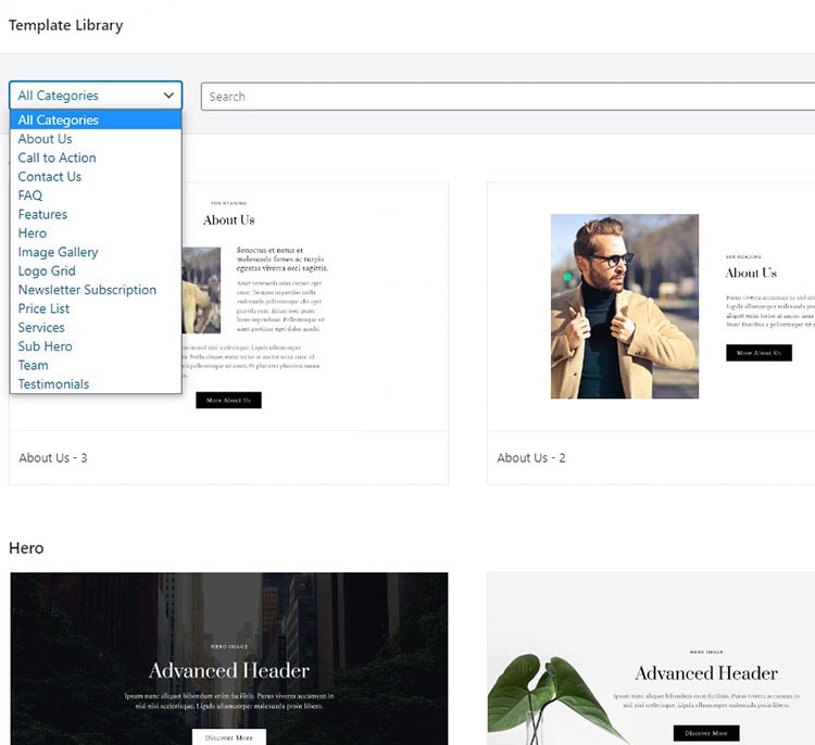 Getwid template library consists of free templates for various purposes.
