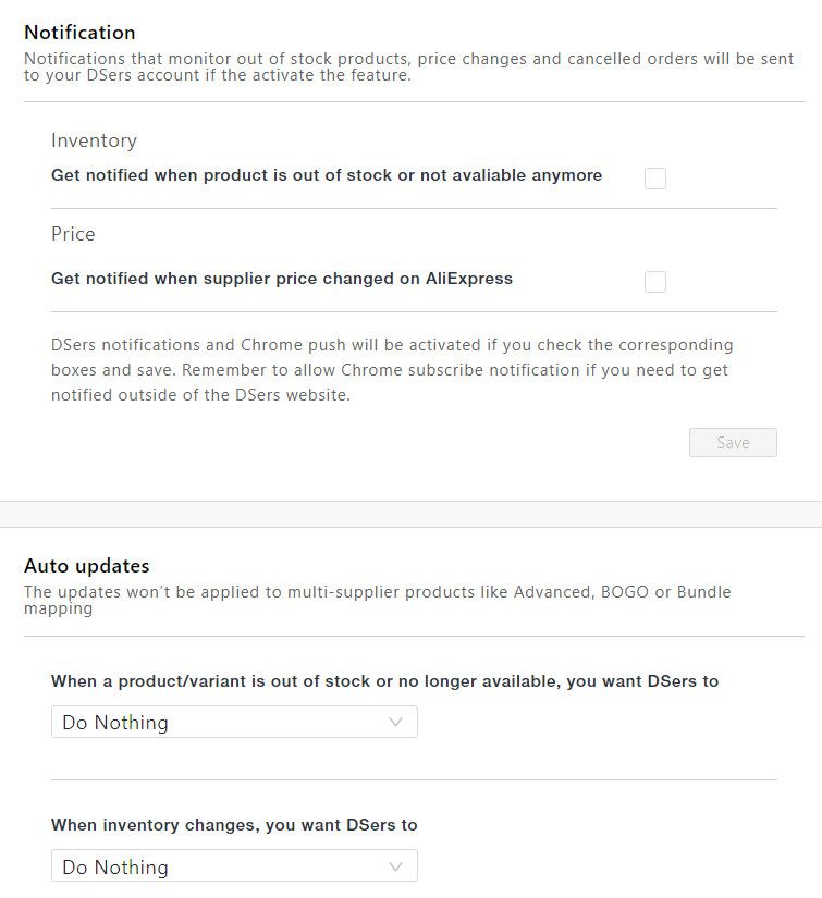DSers notification settings.