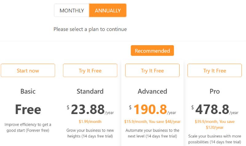 DSers pricing plans.