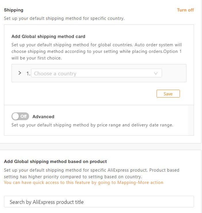 DSers shipping settings.