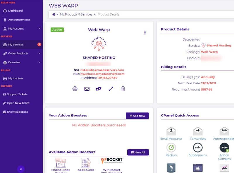 HostArmada client area dashboard.