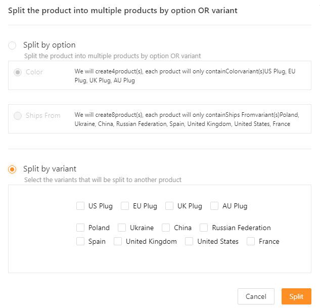 DSers spliting option choices.
