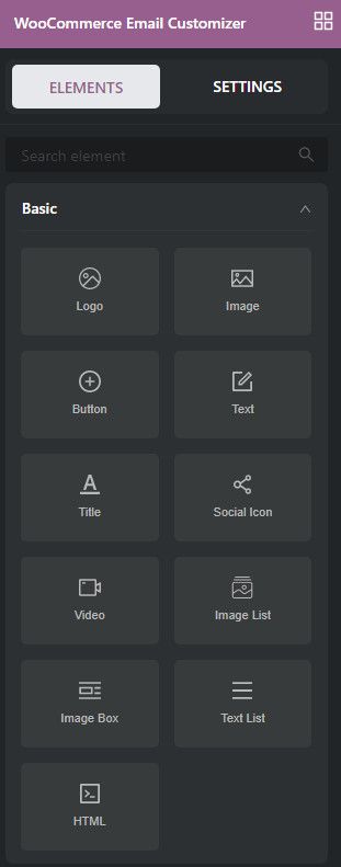YayMail comes with basic, general and WooCommerce elements.