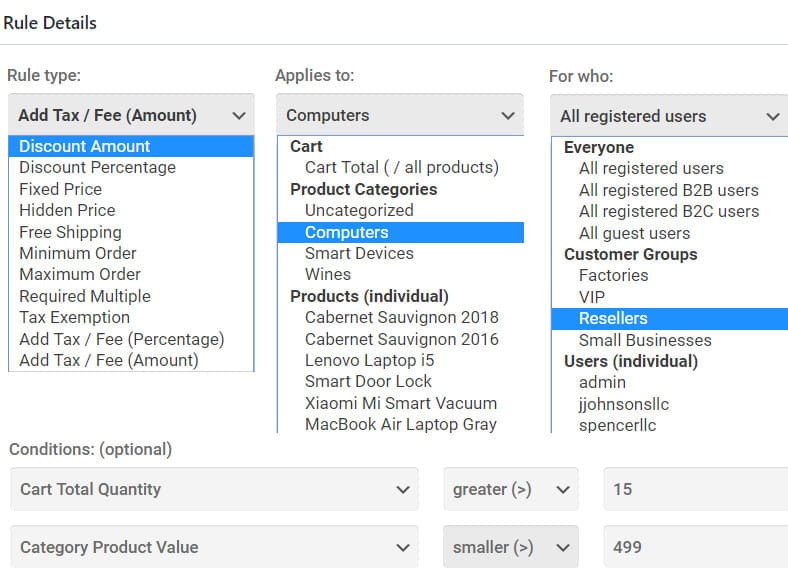 B2BKing dynamic rules options.