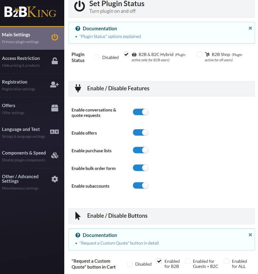 B2BKing main settings options.