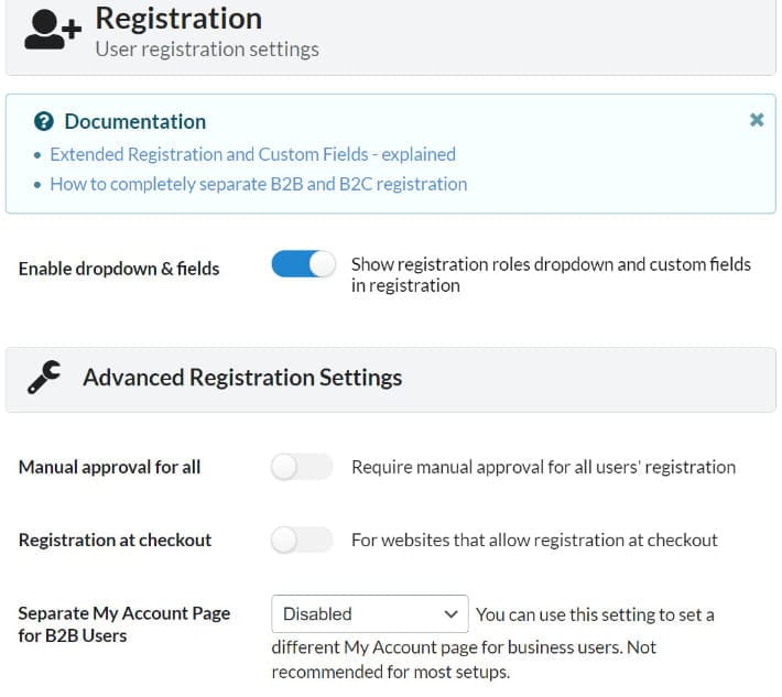 B2BKing user registration settings.