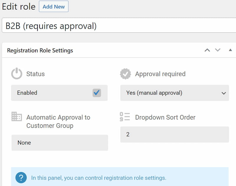 Creating B2BKing registration roles.