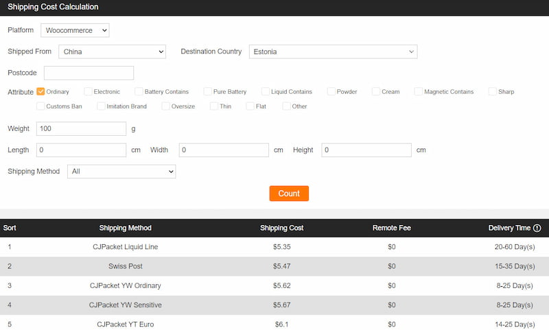 CJdropshipping shipping calculator.
