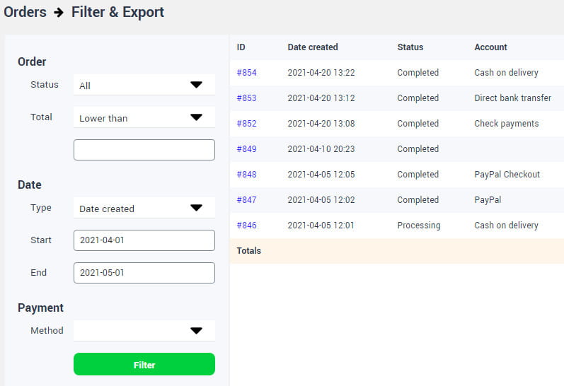 Finpose orders tab options.